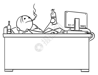 卡通棍描述商人经理或程序设计员坐在办公桌后手持双腿抽烟喝瓶装酒工作松懈概念图片