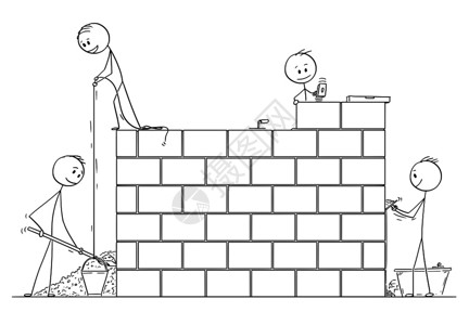 用木砖块或石壁房屋的砖匠群构筑墙壁或房屋的概念图解图片