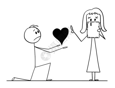 卡通棍子描绘了男人跪在心爱的女面前给予她深爱的女人一个心胸但她拒绝或无视他的提议因为她在平板电脑上建立网络图片