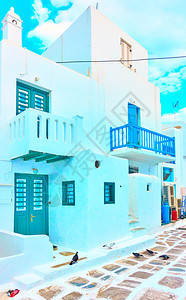 希腊米科诺斯镇街上的房屋背景图片