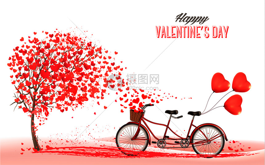 情人节sDay背景配有双车和红心形气球的色脏形气球爱的概念矢量图片