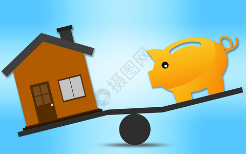 房屋和小猪银行的平衡概念3D图片