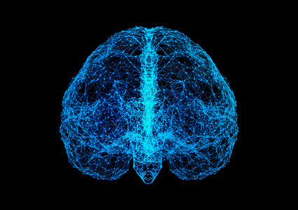 以人工科技情报和医学概念为形式在黑色背景上孤立的人类大脑数字据和网络连接图片