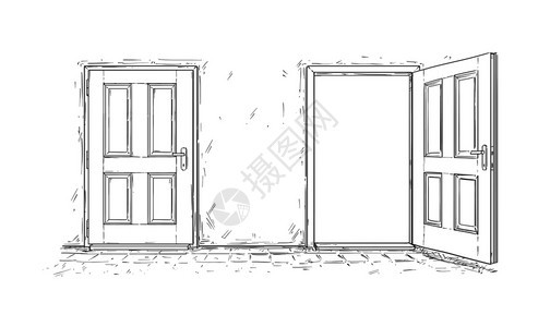 两个开放和关闭的木制决定门卡通涂鸦画两种选择或方式两个开放和关闭木制决定门的卡通画图片