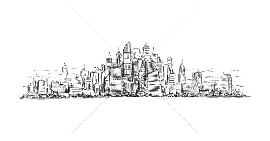 艺术素描笔和墨水绘画图解通用城市高升风景和摩天大楼通用城市高升风景和Skyscraper大楼的艺术绘图说明图片