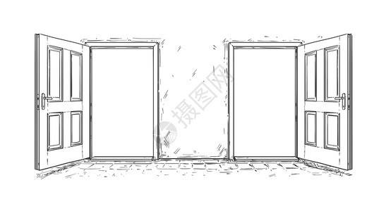 两个开放木制决定门的卡通涂鸦画两个选择或方法两个开放木制决定门的卡通画图片