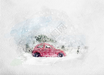 装有小圣诞树的旧玩具车水彩画小仙子带雪和森林的小型风景带圣诞树的回转玩具车水彩画小圣诞树水彩画小图片