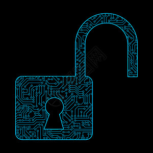 在数字据代码和安全技术概念中的黑色背景电路板图案纹理解保护密码锁图标图片