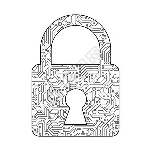 在数字据代码和安全技术概念中保护有电路板图案纹理的白色背景密码安全锁定图标图片