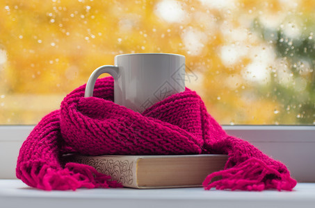 秋天生命温暖的围巾和茶杯靠近窗户复制空间图片