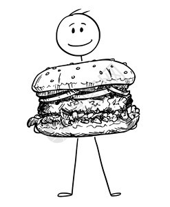 卡通棒图描绘一个微笑的人拿着大汉堡或的概念插图图片
