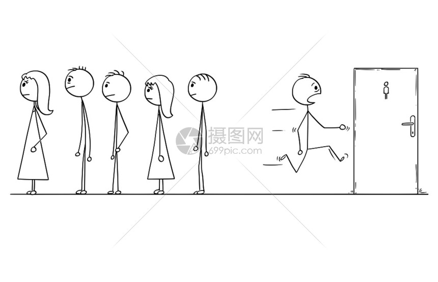卡通棍图描绘在排队等候的男子在匆忙中去公共厕所或休息室等的人概念