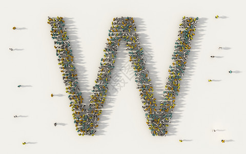 形成W字母在社交媒体和白人背景的社区概念中以英文字母写成的一大批人以上群插图的3d标志符号图片