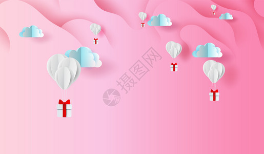 3D纸质艺术和工设计气球礼品以粉红天空背景摘要曲线形式制作在空气云中与吉普盒一同飘浮Valentine日光概念贺卡的元素背景矢量图片