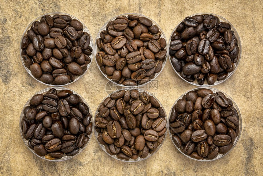 世界各地咖啡豆采样器利用手工制纸对圆碗进行俯视图片