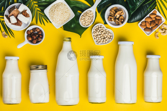 免费乳奶替代饮料和黄色背景的原料平铺白菜素食清洁饮概念图片