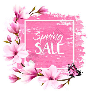 春季销售背景粉红色盛开的木兰和蝴蝶图片
