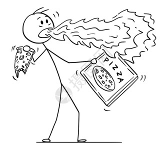 卡通棍图描绘人类吃热辣椒披萨时嘴里喷着火或焰的人概念图图片