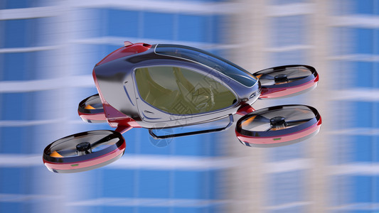 电子乘客无人机在建筑物前飞行这是一个3D模型在现实生活中存示例电子乘客无人机在建筑物前飞行图片