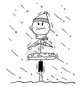 戴着游泳圈被冻的打颤的火柴人卡通矢量插图图片
