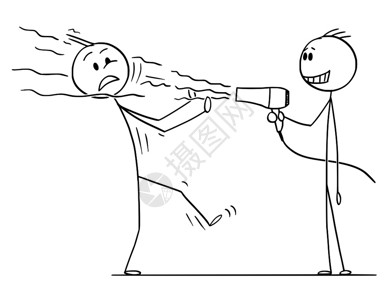 卡通棍子图描绘出一个恶毒的笑脸男人用理发机吹向另一个男人的概念插图图片