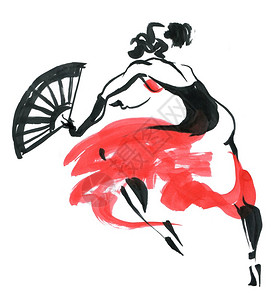 Flamenco美丽的舞女水彩拉丁墨水手绘画插图图片