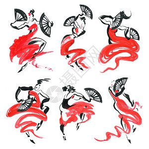 Flamenco美丽的舞女水彩拉丁墨水手绘画插图图片
