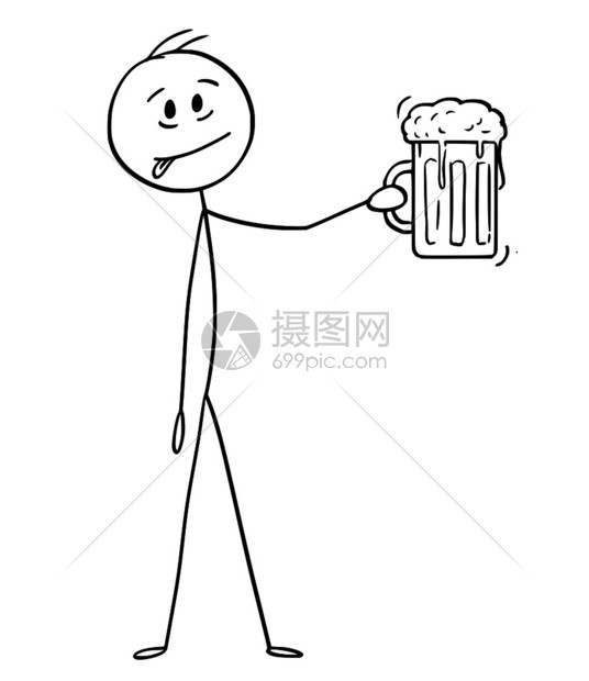 卡通棍子图解人们拿着玻璃半薄啤酒杯或品脱品脱的人概念说明图片