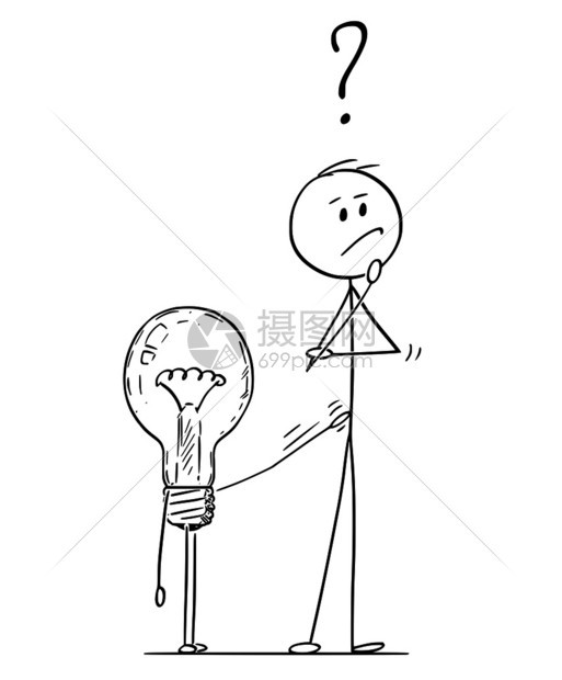卡通棒图描绘男人或商思考问题战略的概念图灯泡或正在利用他来提供解决办法图片