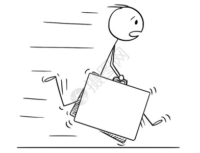 卡通棍子图描绘了男人或商匆忙跑步手握着两个大型经典手提箱图片