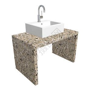 现代洗手池配有陶瓷或丙烯洗浴盆铬固定装置和大理石底3D插图在白色背景下隔离图片