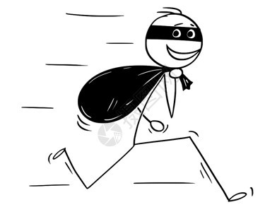 卡通棍子图描绘着微笑的小偷带一袋抢来的钱跑去的概念插图图片