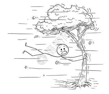 台风卡通被大风刮后抱着树干的火柴人矢量卡通插图插画