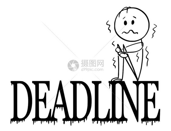 卡通棍子图绘制沮丧和摇晃的男人或商坐在大信文本最后期限上的概念图图片