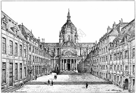 Sorbonne的院子刻有古老的插图巴黎奥古斯特维图大学1890年图片