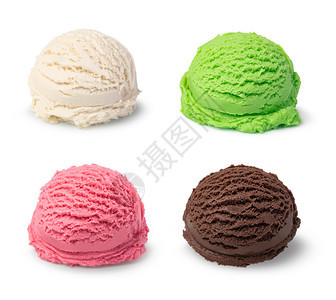 白色背景上四种口味颜色的冰淇淋球图片
