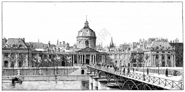 该研究所的宫殿和艺术之桥刻有古老的插图巴黎AugusteVITU1890年图片