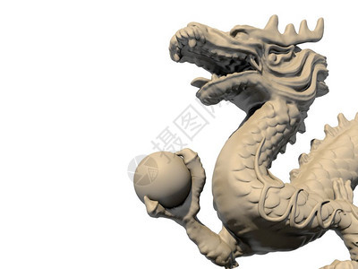 白龙雕像在爪子上握着球与白色背景隔绝近视3D图像图片