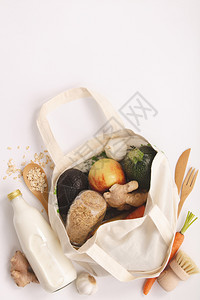 零废物概念带水果和蔬菜的生态袋带豆子的玻璃罐扁豆意大利面图片