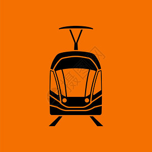 Tram图标前视橙色背景上的黑矢量插图图片