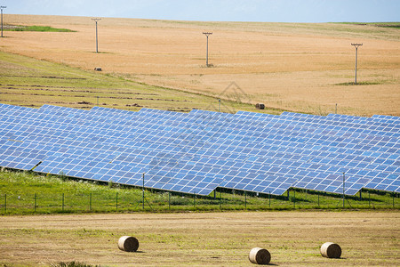 黄色田地的光电模块农村景观和绿色生态替代发电农场背景图片