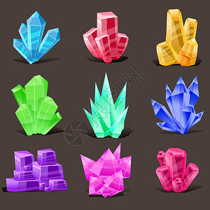 晶体组不同形状和颜色晶石或宝珍魔法幻想晶体和稀有宝石游戏应用广告网站矢量图解孤立背景图片