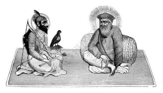 GuruSingh和BabaNanak锡克教创始人经东方绘画后1836年的MagasinPittoresque刻有古老的插图图片