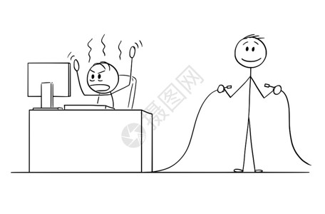 卡通棍图描绘愤怒的男子或商人在计算机上工作的概念图另一个男子持有未插的互联网络或电力缆图片