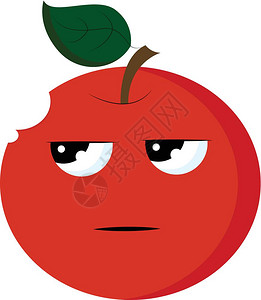 愤怒的红苹果有闪亮的眼睛绿叶和一点咬痕矢量彩色画或插图图片