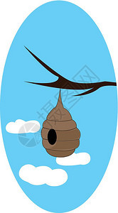棕色蜜蜂在蓝的天空中挂在树枝上面有3个云层矢量彩色图画或插图片