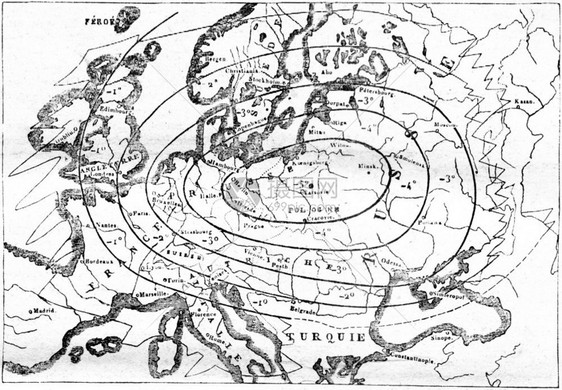 欧洲冬季热量分布图1845年马加辛皮托罗克刻有古老的插图图片