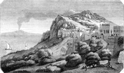 卡普里岛的景象看得分的图象是Naple1845年马加辛皮托罗克的古典雕刻图图片