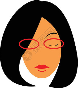 身着红眼镜和相配口的黑头发长着厚短黑头发的女人图片