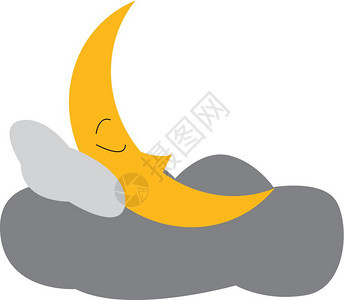 一张睡在灰云矢量彩色绘画或插图上的新月漫画图片